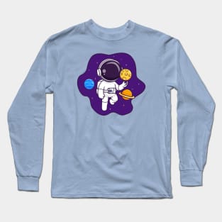 Cute Astronaut Floating In Space With Planet And Moon Cartoon Long Sleeve T-Shirt